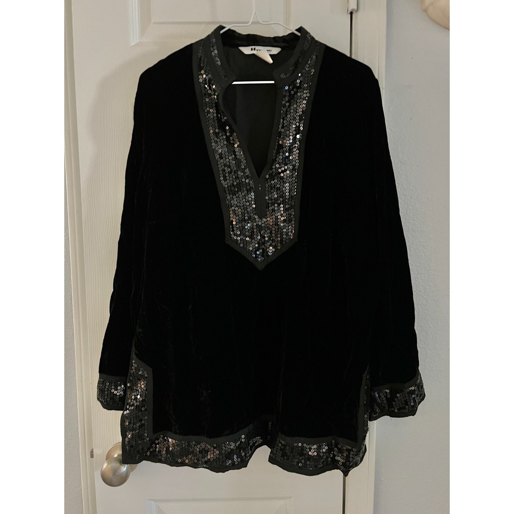 Nygard Velvet Blouse Tunic Women's 0X Black Velour Sequin Embroidery Trim Retro
